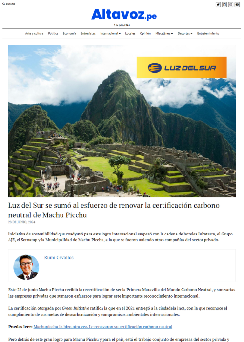 LUZ DEL SUR SE SUMÓ AL ESFUERZO DE RENOVAR LA CERTIFICACIÓN CARBONO NEUTRAL DE MACHU PICCHU – ALTAVOZ – 06.24