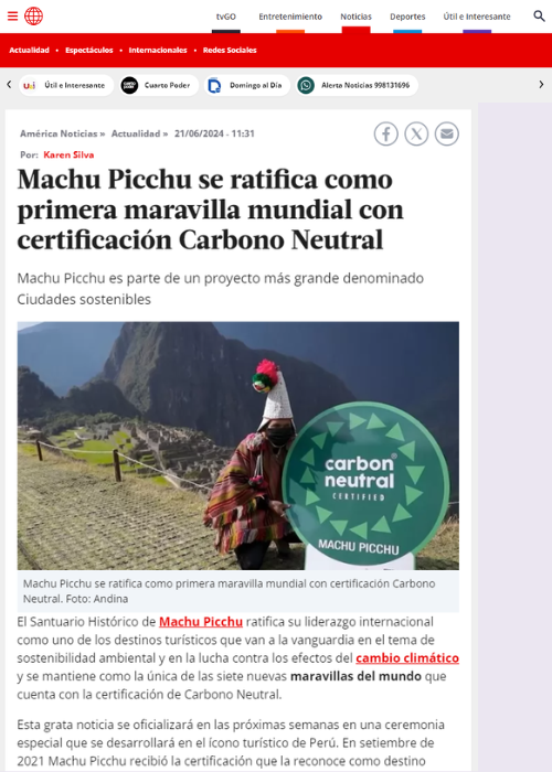 MACHU PICCHU SE RATIFICA COMO PRIMERA MARAVILLA MUNDIAL CON CERTIFICACIÓN CARBONO NEUTRAL – AMERICA TV – 06.24