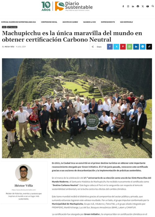 MACHUPICCHU ES LA ÚNICA MARAVILLA DEL MUNDO EN OBTENER CERTIFICACIÓN CARBONO NEUTRAL – DIARIO SUSTENTABLE – 07.24