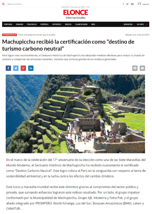 MACHUPICCHU RECIBIÓ LA CERTIFICACIÓN COMO DESTINO DE TURISMO CARBONO NEUTRAL – DIARIO EL ONCE DIGITAL – 07.24