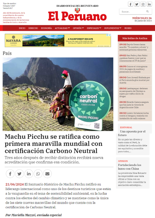 MACHU PICCHU SE RATIFICA COMO PRIMERA MARAVILLA MUNDIAL CON CERTIFICACIÓN CARBONO NEUTRAL – DIARIO EL PERUANO – 06.24