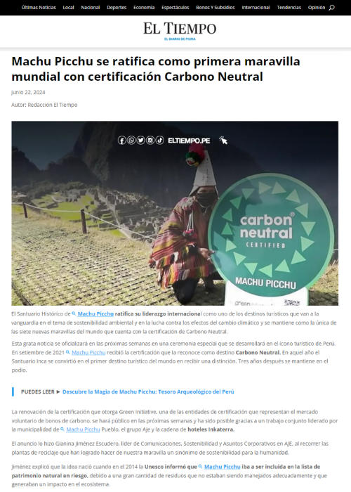 MACHU PICCHU SE RATIFICA COMO PRIMERA MARAVILLA MUNDIAL CON CERTIFICACIÓN CARBONO NEUTRAL – EL TIEMPO, EL DIARIO DE PIURA – 06.24