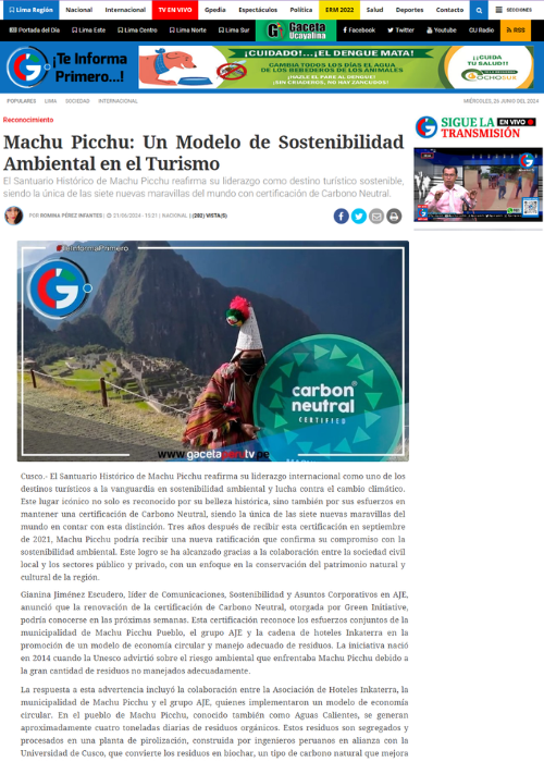 MACHU PICCHU: UN MODELO DE SOSTENIBILIDAD AMBIENTAL EN EL TURISMO – GACETA TV PERU – 06.24