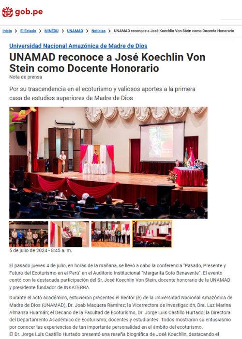 UNAMAD RECONOCE A JOSÉ KOECHLIN VON STEIN COMO DOCENTE HONORARIO – GOB.PE – 07.24