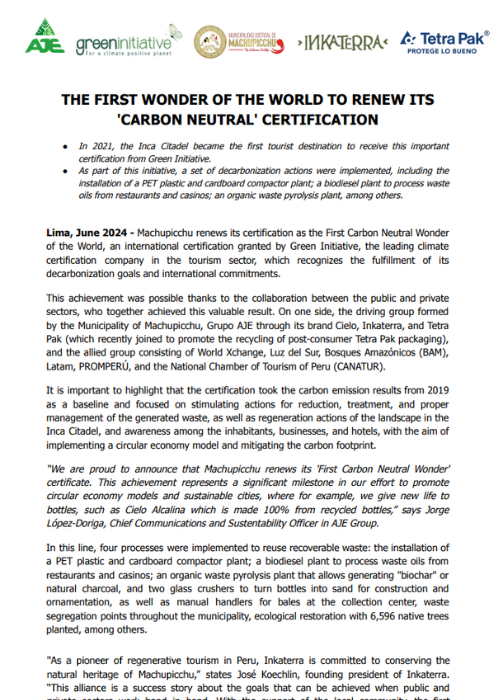 THE FIRST WONDER OF THE WORLD TO RENEW ITS ‘CARBON NEUTRAL’ CERTIFICATION – GREEN INITIATIVE – 06.24