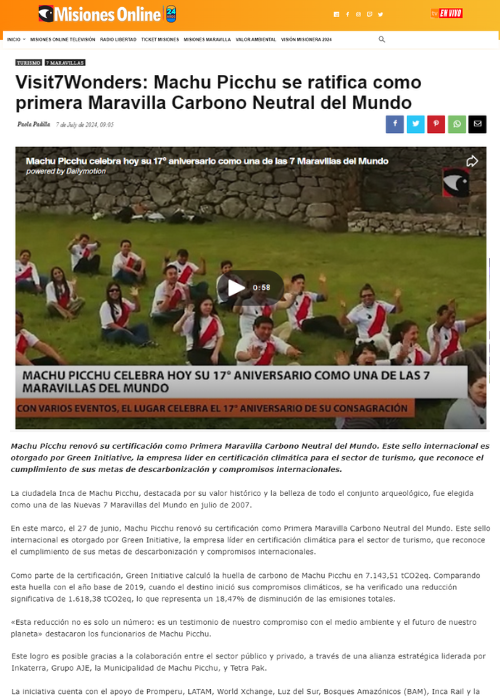 VISIT7WONDERS: MACHU PICCHU SE RATIFICA COMO PRIMERA MARAVILLA CARBONO NEUTRAL DEL MUNDO – MISIONES ONLINE – 07.24