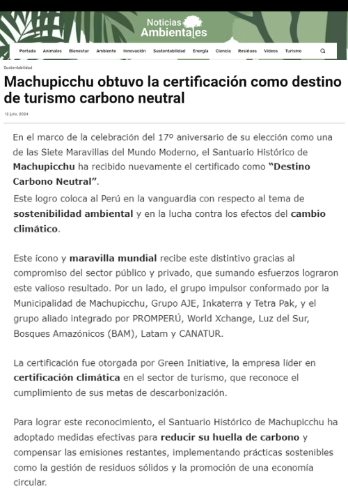 MACHUPICCHU OBTUVO LA CERTIFICACIÓN COMO DESTINO DE TURISMO CARBONO NEUTRAL – NOTICIAS AMBIENTALES – 07.24