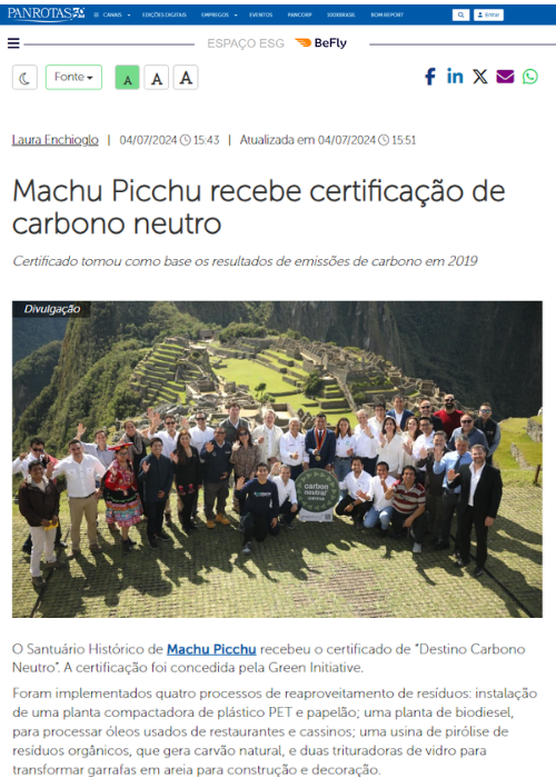 MACHU PICCHU RECEBE CERTIFICAÇÃO DE CARBONO NEUTRO – PANROTAS – 07.24