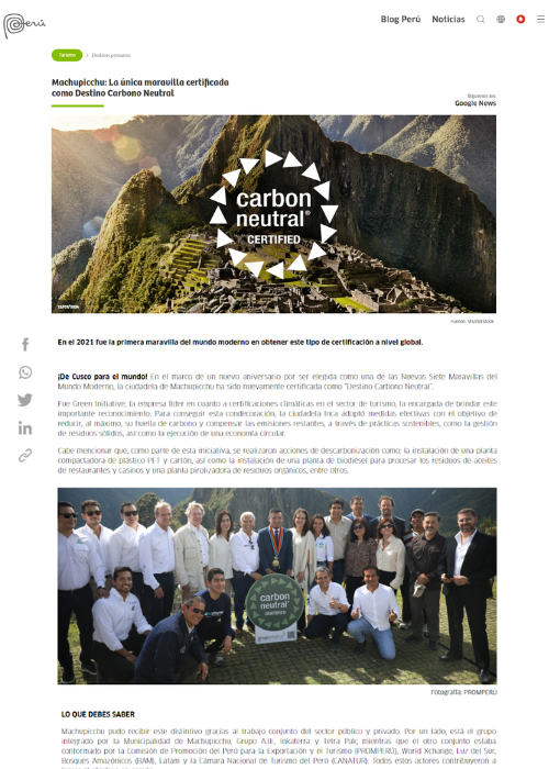 MACHUPICCHU: LA ÚNICA MARAVILLA CERTIFICADA COMO DESTINO CARBONO NEUTRAL – PERU INFO NEWS – 07.24