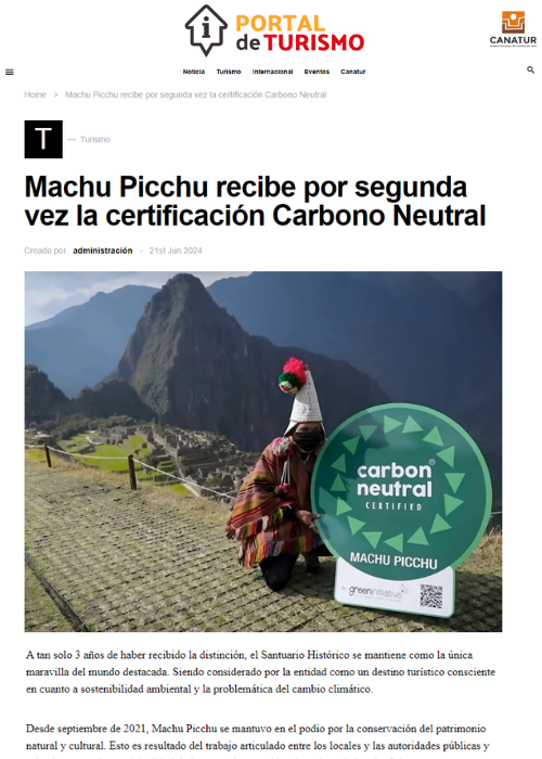 MACHU PICCHU RECIBE POR SEGUNDA VEZ LA CERTIFICACIÓN CARBONO NEUTRAL – PORTAL DE TURISMO – 06.24