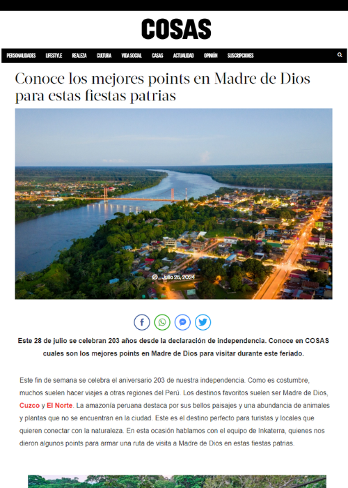 CONOCE LOS MEJORES POINTS EN MADRE DE DIOS PARA ESTAS FIESTAS PATRIAS – REVISTA COSAS – 07.24