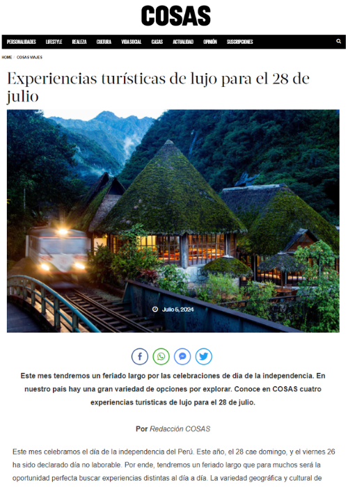 EXPERIENCIAS TURÍSTICAS DE LUJO PARA EL 28 DE JULIO – REVISTA COSAS – 07.24