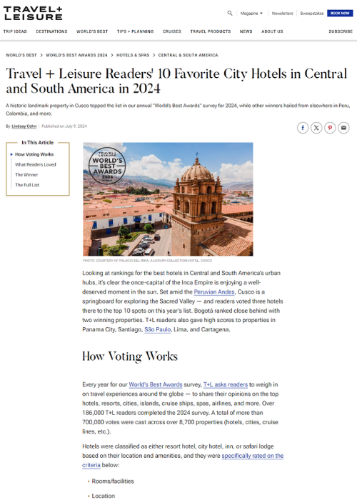 TRAVEL + LEISURE READERS’ 10 FAVORITE CITY HOTELS IN CENTRAL AND SOUTH AMERICA IN 2024 – TRAVEL + LEISURE – 07.24