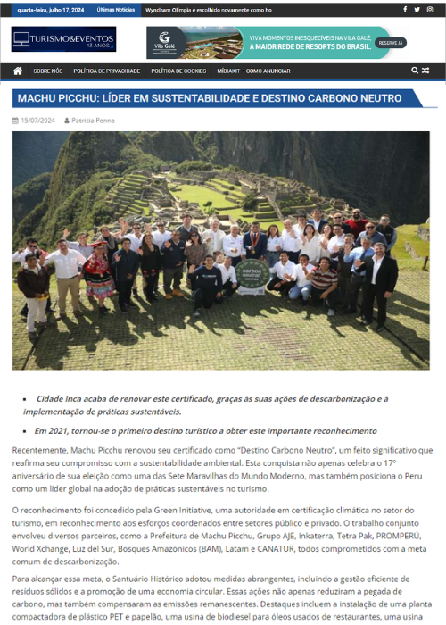 MACHU PICCHU: LÍDER EM SUSTENTABILIDADE E DESTINO CARBONO NEUTRO – TURISMO & EVENTOS PERIODICO – 07.24