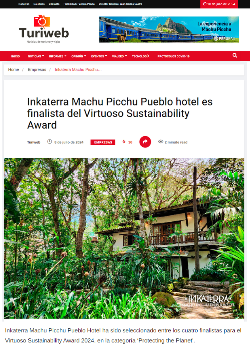 INKATERRA MACHU PICCHU PUEBLO HOTEL ES FINALISTA DEL VIRTUOSO SUSTAINABILITY AWARD – TURIWEB – 07.24