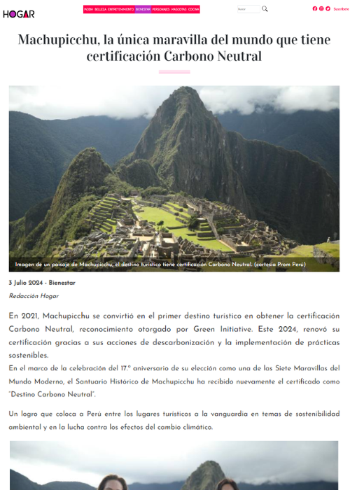 MACHUPICCHU, LA ÚNICA MARAVILLA DEL MUNDO QUE TIENE CERTIFICACIÓN CARBONO NEUTRAL – VISTAZO.COM, SECCIÓN BIENESTAR – 07.24