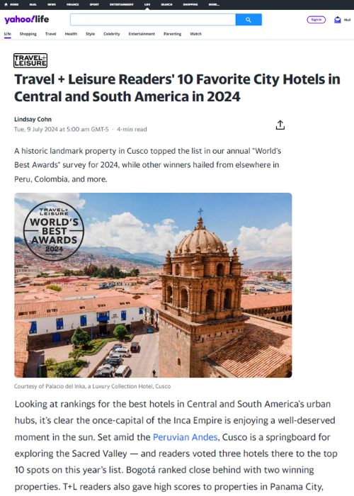 TRAVEL + LEISURE READERS’ 10 FAVORITE CITY HOTELS IN CENTRAL AND SOUTH AMERICA IN 2024 – YAHOO SINGAPORE – 07.24