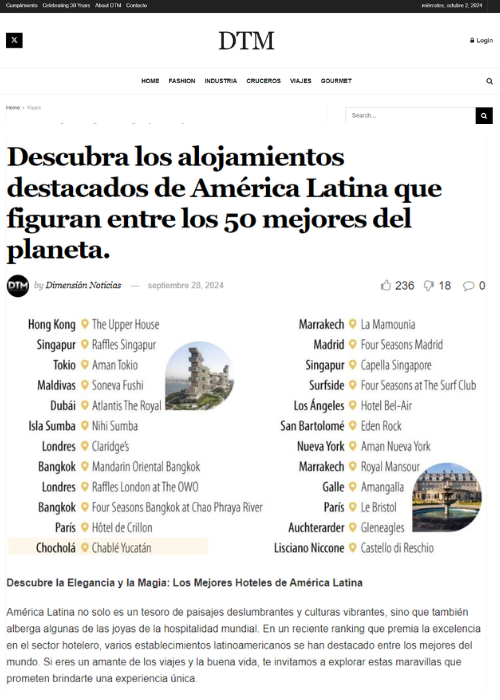 DESCUBRA LOS ALOJAMIENTOS DESTACADOS DE AMÉRICA LATINA QUE FIGURAN ENTRE LOS 50 MEJORES DEL PLANETA – DIMENSION TURISTICA – 09.24