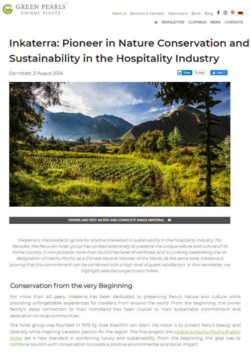 INKATERRA: PIONEER IN NATURE CONSERVATION AND SUSTAINABILITY IN THE HOSPITALITY INDUSTRY – GREEN PEARLS NEWSLETTER – 08.24