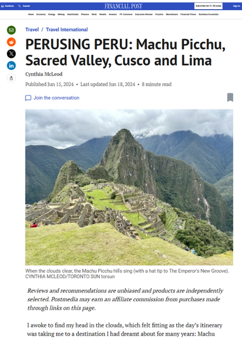 FINANCIAL POST – PERUSING PERU: MACHU PICCHU, SACRED VALLEY, CUSCO AND LIMA – 06.24