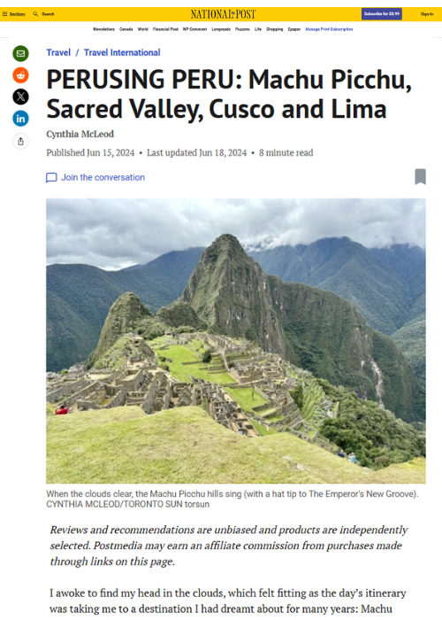 NATIONAL POST – PERUSING PERU: MACHU PICCHU, SACRED VALLEY, CUSCO AND LIMA – 06.24