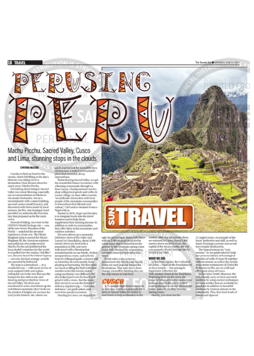 TORONTO SUN – PERUSING PERU: MACHU PICCHU, SACRED VALLEY, CUSCO AND LIMA – 06.24