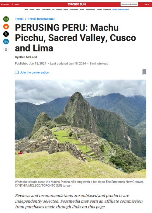 TORONTO SUN – PERUSING PERU: MACHU PICCHU, SACRED VALLEY, CUSCO AND LIMA – 06.24