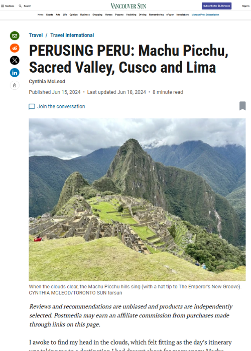 VANCOUVER SUN – PERUSING PERU: MACHU PICCHU, SACRED VALLEY, CUSCO AND LIMA – 06.24