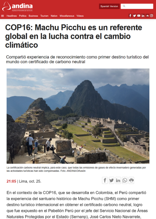 COP16: MACHU PICCHU ES UN REFERENTE GLOBAL EN LA LUCHA CONTRA EL CAMBIO CLIMÁTICO – ANDINA – 10.24