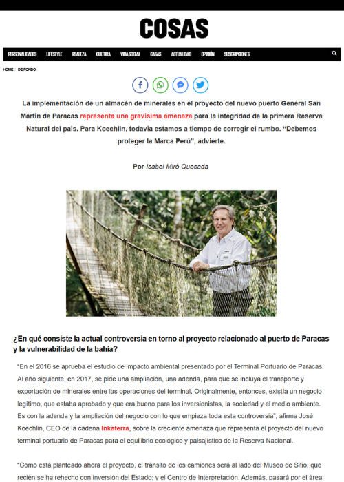 PARACAS EN PELIGRO, ADVIERTE JOSÉ KOECHLIN, CEO DE INKATERRA – REVISTA COSAS – 11.24