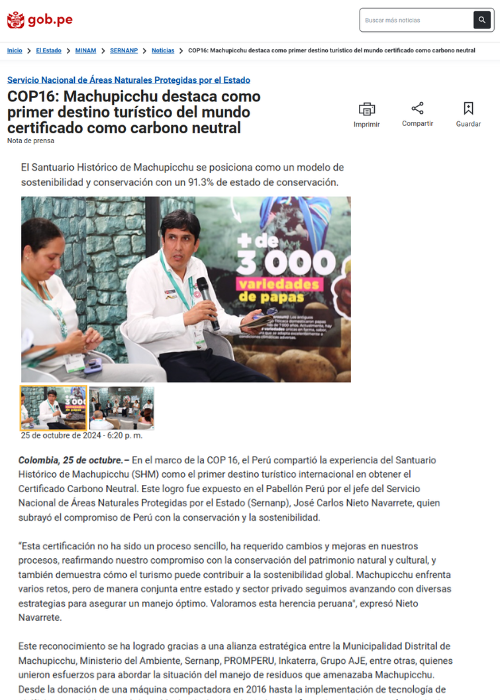 COP16: MACHUPICCHU DESTACA COMO PRIMER DESTINO TURÍSTICO DEL MUNDO CERTIFICADO COMO CARBONO NEUTRAL – GOB – 10.24