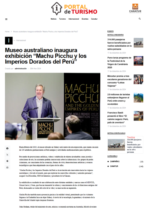 MUSEO AUSTRALIANO INAUGURA EXHIBICIÓN “MACHU PICCHU Y LOS IMPERIOS DORADOS DEL PERÚ” – PORTAL DE TURISMO – 11.24